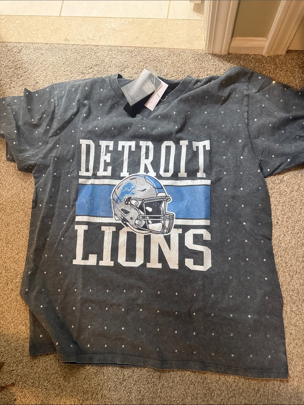 NFL Detroit Lions Charcoal Gray Graphic Tee with Blue Accent
